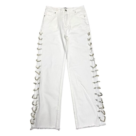 AKIRA Diamonds Metal Slit Relaxed Raw Hem White Denim Jeans Womens Size 6 - Picture 1 of 10
